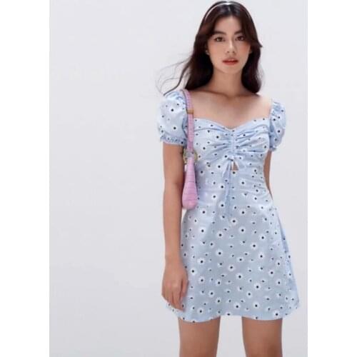 Women Drawstring Bust Puff Sleeved Mini Dress with Cut Out Detail A071