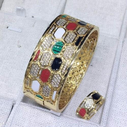 Zlxgirl women Big size Enamel Snake animal bangle with ring jewelry sets for women gifts wedding bracelet ring accessories set