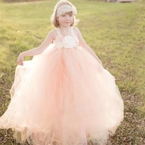 Baby Girls Peach Lace Flower Tutu Dress Kids Crochet Tulle Strap Dress Ball Gown with Hairbow Children Party Costume Dresses