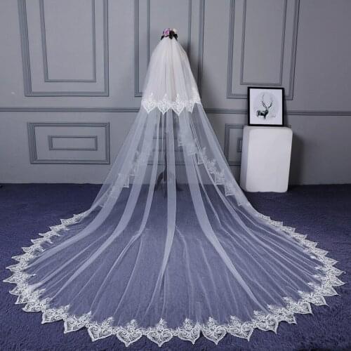 White Ivory 3 Meters Two Layers Long Wedding Veil With Comb Lace Edge Appliques Bridal Veil Wedding Accessories