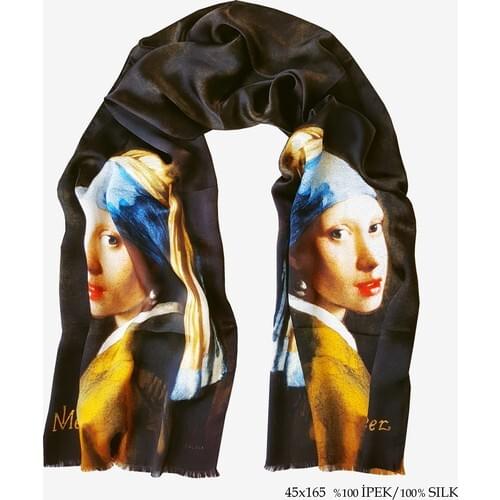 Galiga 100% Bursa Silk Scarf Pearl Girl With A Pearl Earring Beauty Artwork Ladies Women Made In Turkey Fashion 165x45 CM