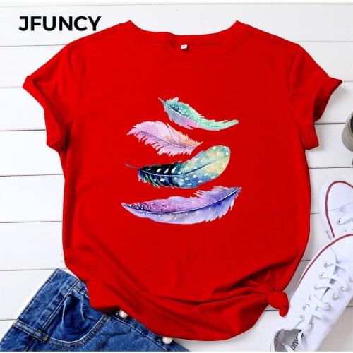 JFUNCY Women Summer T-shirt Woman Short Sleeve Tops Colorful Feathers Print Tshirt Plus Size Casual Loose Female Cotton Tees