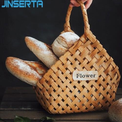JINSERTA Wooden Fruit Basket Bread Snack Food Organizer Hand-woven Wall-mounted Flower Basket with Handle Photograph Props