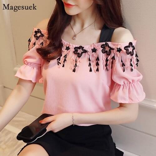 Summer Solid Chiffon Blouse Women Fashion 2021 Short Sleeve Casual Shirts For Women Slash Neck Female Blouses Tops Blusas D836