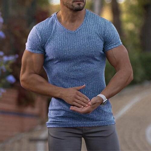 SANWOOD 2021 New Mens V-neck T-shirt Fitness Bodybuilding T-shirt High Street Summer Short-Sleeved Casual Cotton Blend Tee Tops