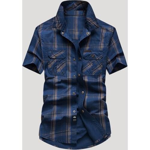 2020 Military Shirt Mens Short Sleeve Plus Size 5XL Casual Plaid Print Army Mens Shirts Summer European American Streetwear A743