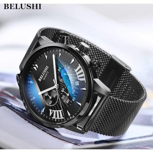 Men Watches BELUSHI Waterproof Quartz Business Man Watch Chronograph Sports Quartz-Watch Mens Casual Full Steel WristWatch