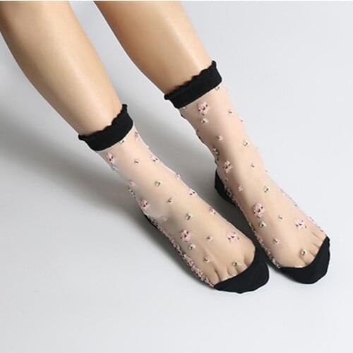 1 Pair Women Flower Sock Summer Lace Crystal Glass Silk Socks Short Thin Transparent Roses Jacquard Elastic Ultrathin Socks