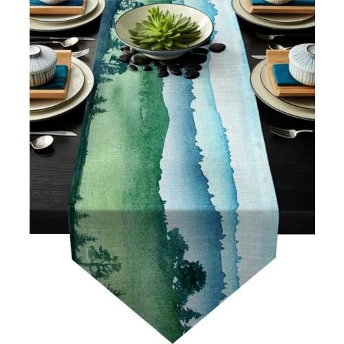 Dining tablecloth Green Woodland Landscape Watercolor Table Runner Modern Table Runners for Wedding Party Decorarion