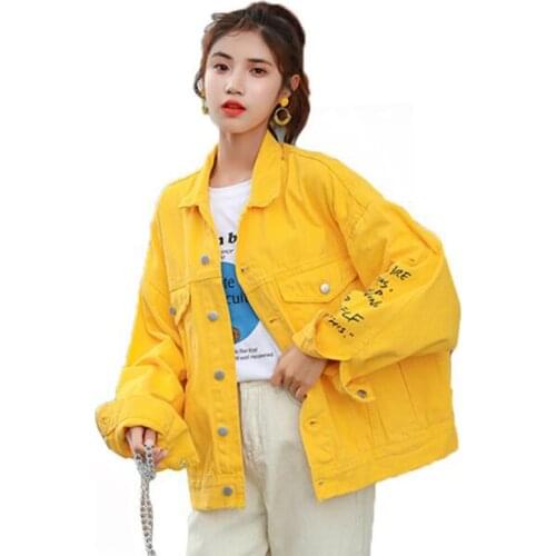 Autumn Yellow Denim Jacket Women Letter Printing Fashion Casual Jeans Jacket Basic Coat Female Single-breasted Turndown Collar