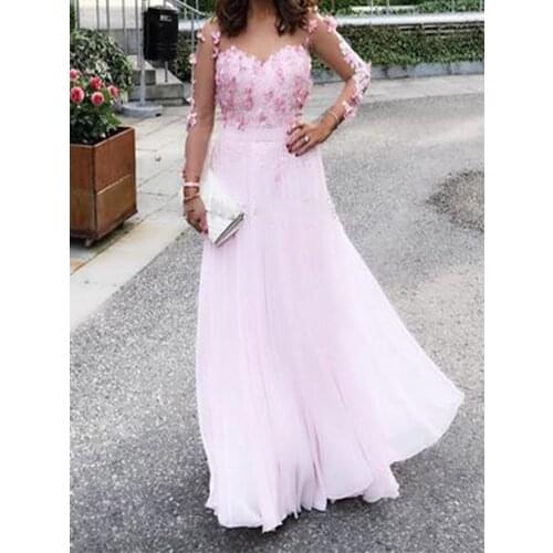 Pink Long Sleeve Lace Rose Flower Chiffon Hollow Bride Mother Gown 2020 Elegant Formal Evening Gown Guest Gown
