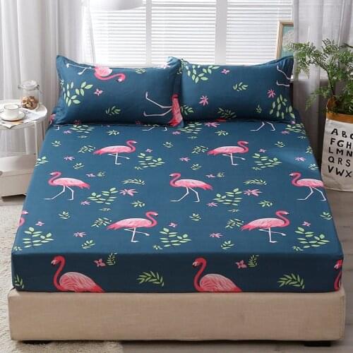 Flamingo Print Bed Sheet with Elastic Mattress Cover Cotton Fitted Bed Sheet and Pillow Cases Queen and King Size