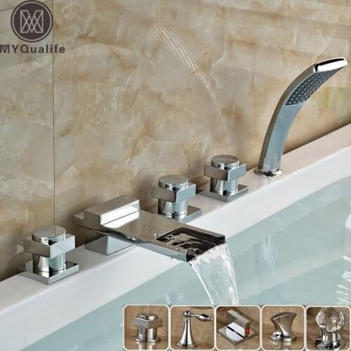 Luxury 5 pc Widespread Waterfall Spout Bathtub Sink Faucet Deck Mounted Longer Spout with Handshower Bathroom Roman Tub Taps