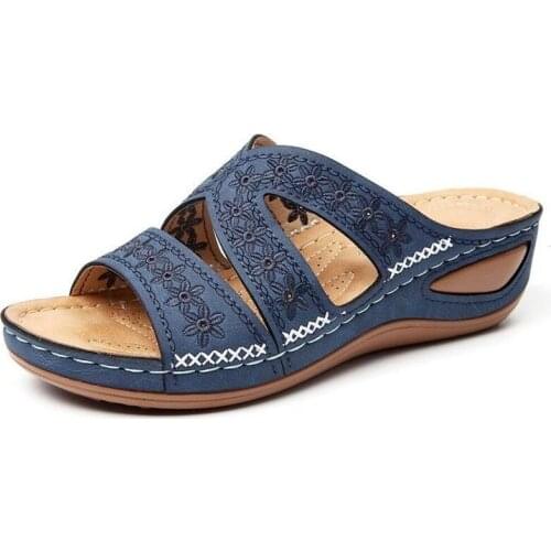 Women Roman Shoes Flat Retro Womens Sandals Beach Wedge Ladies Sweet Flower Sandals Solid Color Durable Soulier Sandalias Mujer