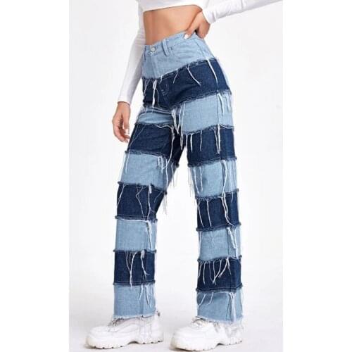 Za Color Block Patchwork Pant Fashion Loose Button Pocket Straight Pants 2021 Summer Streetwear High Waist Women Hip Hop Jean