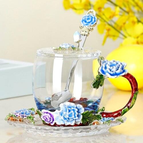 High grade Enamel Transparent Glass Mug Coffee Tea Mugs Red flower Heat-Resistant Cup Set with Stainless Steel Spoon Coaster