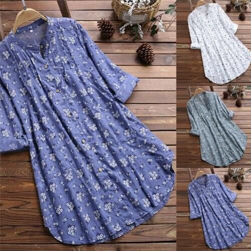 Plus Size Blouse Women Flower Printed Casual Long Sleeve Shirt Elegant Woman Sexy V-neck Cotton Linen Shirt Plus Size Top Blouse