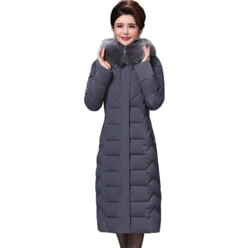 Plus Size 5XL 6XL Middle-aged Women Cotton Padded Jacket Winter Parker Women Hooded Fur Collar Warm Long Down Cotton Jacket Coat