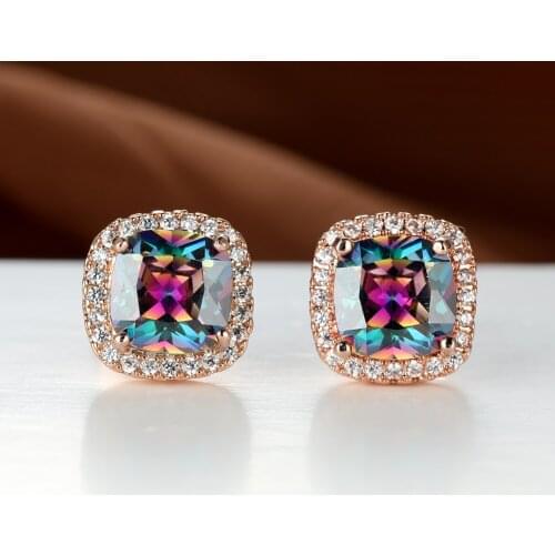 Square Rainbow Earrings for Women Luxury Charming Princess Cut Zircon Stud Earrings Silver Rose Gold Wedding Party Ear Jewelry