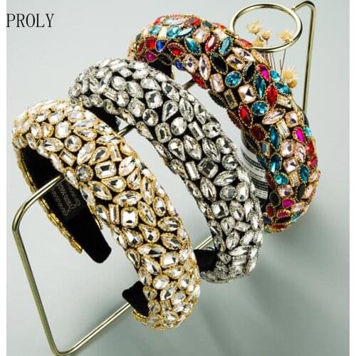 PROLY New Fashion Women Hairband Stained Glass Diamond Flash Sponge Headband Wide Side Baroque Hair Accessories Adult
