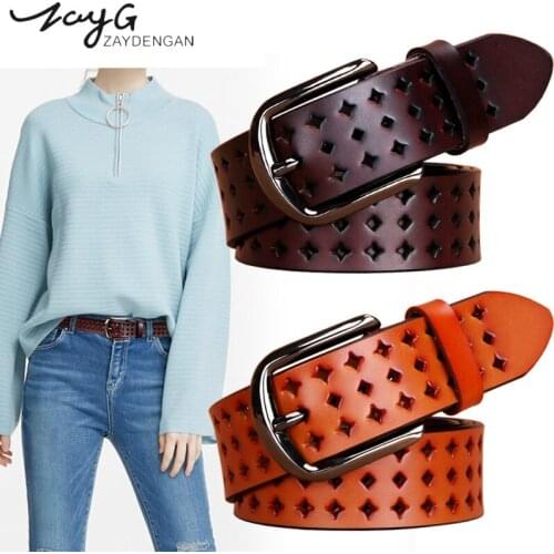 ZAYG women belt fashion hollow genuine leather belt luxury jeans belts female apparel accessories waist belts for women Gifts