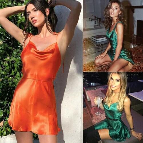 2020 Strap Summer Dress Women Backless Satin Silk Bandage Mini Dresses Women Party Night V Neck Sleeveless Dress Summer Girl