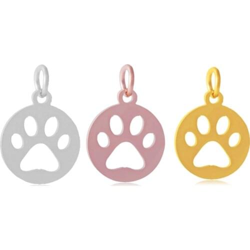 10pcs 304 Stainless Steel Flat Round with Dog Paw Prints Pendants for necklace jewelry making 14x12x1.1mm,Hole: 4mm F80