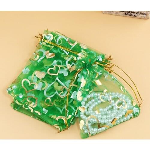 200pcs Green Heart Jewelry Bags Packing Drawable Organza Bags Wedding Gift Bags Sachet Organza Christmas Gift Bags