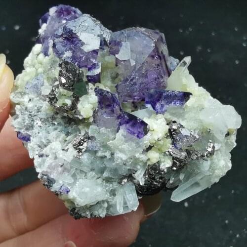 83.7gNatural purple fluorite and pyrite crystal mica symbiotic mineral specimen healing energy QUARTZ GEM home decoration