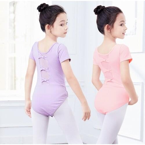 Girls Ballet Leotards Bow Gymnastics Leotards Short Sleeve Ballet Bodysuit Child Bowknot Dance Costumes Soft Cotton Dancewear