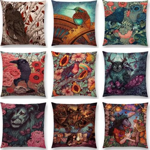 Dark Magic Augury Bird Sofa Pillow Case Three Eyes Raven Steampunk Hummingbird Night Princess Lion Owl Cushion Cover
