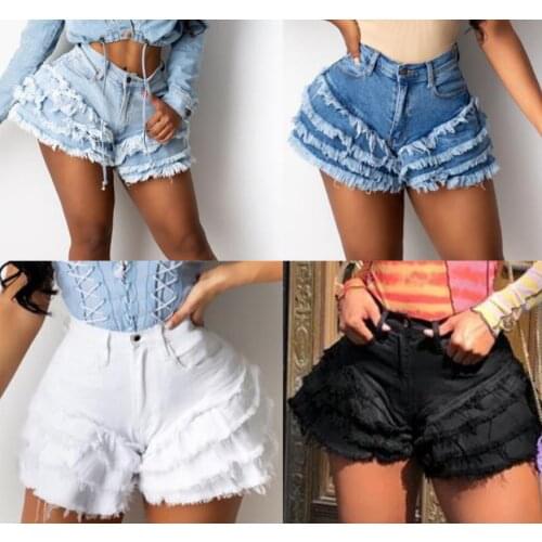 2021 Hottest Fly Girls Shorts Denim Summer Sexy Zipper Straight Short High Waist Cascading Ruffles Tassels Jeans Street Wear