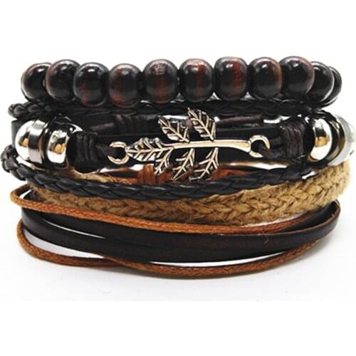 Leaf Khaki Stone Ethnic 4 Pcs/set Beaded Black Woven Leather Men Bracelets Women Vintage Bangle Male Homme Jewelry Accessories
