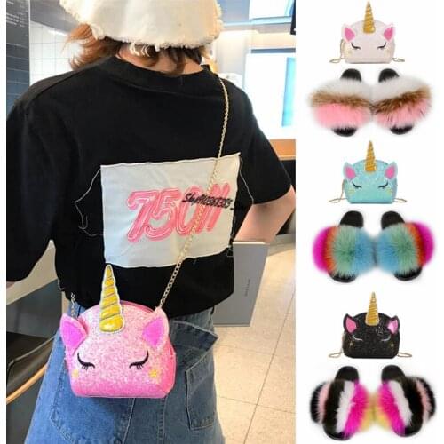Ladies New Chain Bag Cartoon Cute Unicorn Sequin Bag Set Messenger Bags Womens Fox Fur Slippers Fluffy plush Slides Furry Shoes