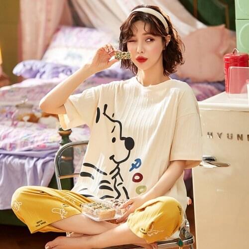 Summer Brand Short Sleeved Knited Cotton Womens Pajama Set Cute Striped Cartoon Long Pants Pajama Sets Sleepwear Pyjamas M-2XL