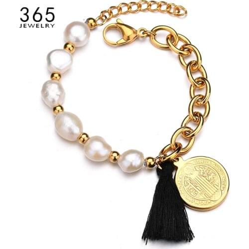 Fashion Jewelry Stainless Steel Jesus Cross Pendant Bracelet & Bangles Pearl Tassel Link Chain Bracelet Birthday Gift
