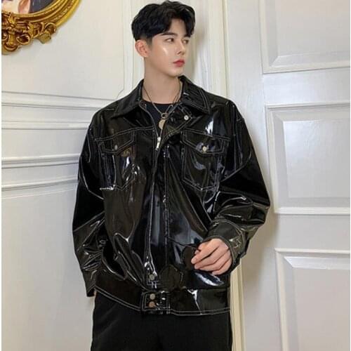 Mens leather jacket Lapel Patent Leather Gloss motorcycle coat men jackets loose clothes personalized stage street fashion b472