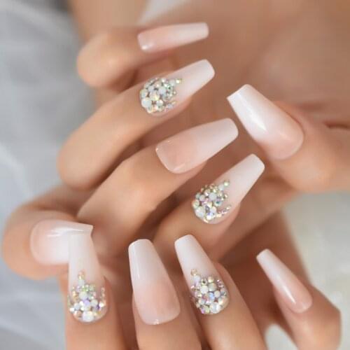 Ombre False Press On Nails With Rhinestones Diamond Gradient Color Fake Nail Ccoffin Medium Long Nail Tips