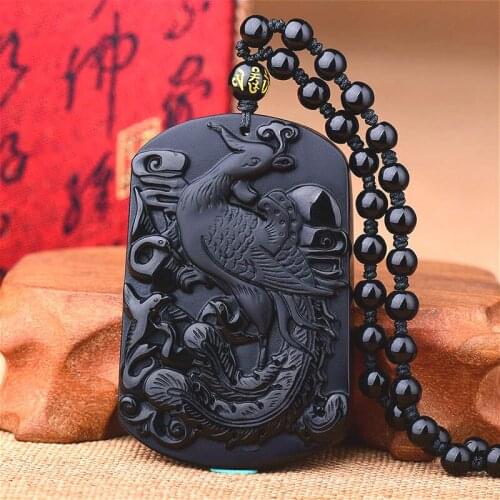 Natural Black Obsidian Phoenix Pendant Beads Necklace Fashion Charm Jewellery Hand-Carved Lucky Amulet Gifts for Women Men