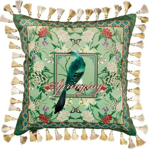 Tassel Accent Pillow Case Bird Flower Print Cushion Cover Decorative Pillowcase Home Bed Living Room Gift 18 x 18 Inch Green