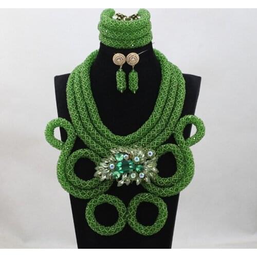 Newest Style Nigerian Green Crystal Handmade Sets African Wedding Bridal/Women Beads Necklace Jewelry Set Free Shipping ANJ272