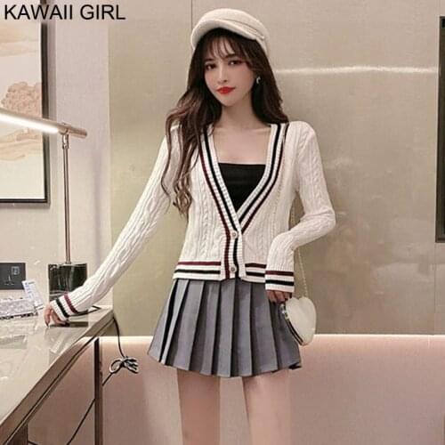 2020 Summer New Fashion Women Clothing Autumn Korean WomenS Sweater Cute Kawaii Pleated Skirt Vintage Solid Color Suit Female