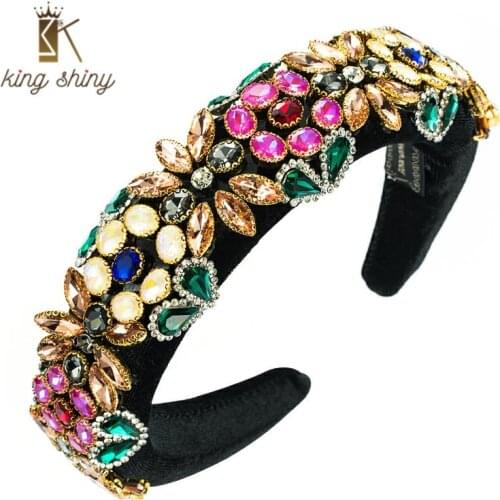 Luxurious Colorful Crystal Flower Headband for Woman Elegant Geometric Rhinestone Padded Hairband Bridal Wedding Hair Accessory