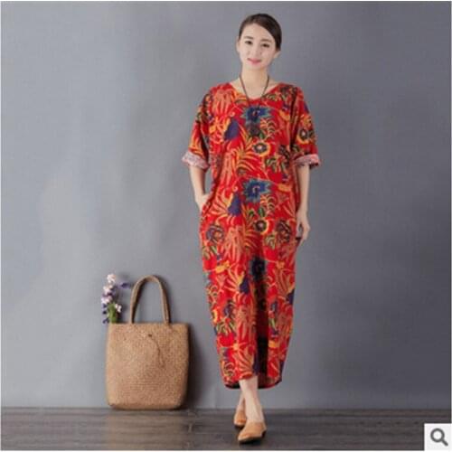 Retro Art V-neck Cotton and Linen Dress