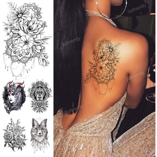 Fake transfer tattoos flower sketch line black lace henna fake body Jewelry back thigh arm tattoo sleeve waist sexy for women