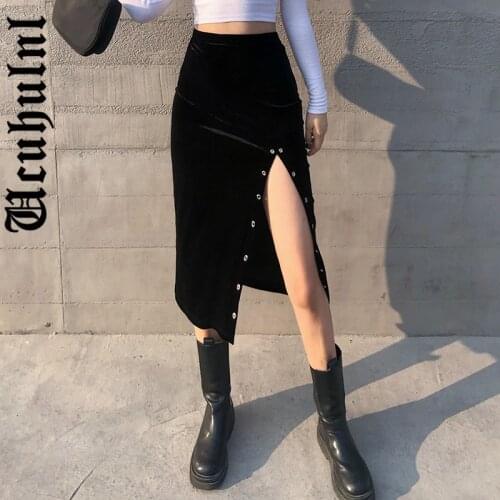 Ucuhulnl Sexy Mall Goth Velvet Skirt Women Y2k Dark High Waist Hollow Out Split Skirt Harajuku Gothic Emo Alternative Streetwear