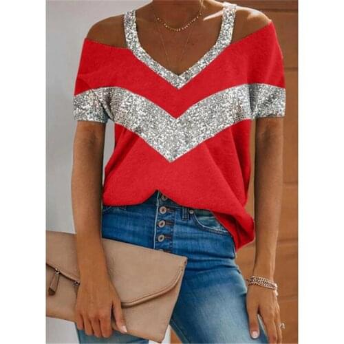 V-neck 2021 Short Sleeve T Shirt Sequins Patchwork Sexy Off Shoulder Tops Women Summer Halter Plus Size Tees shirts for women
