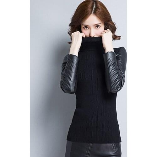 Women PU Sleeve Slim Turtleneck Sweater Elegant Ladies PU Patchwork Long Sleeve Sweater Pullovers