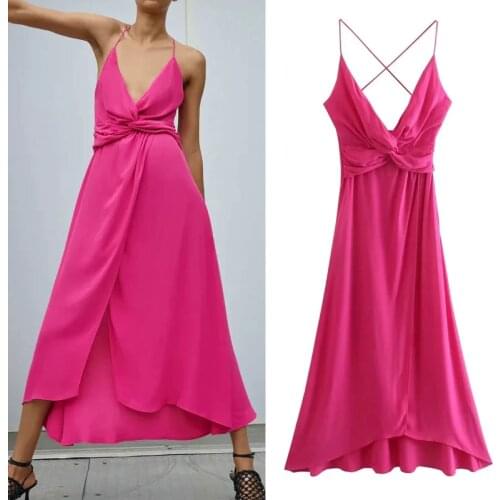 Za 2021 Strappy Midi Dress Women Rose Red Summer Long Dresses Woman Fashion Knot Sleeveless Backless Sexy Party Dresses