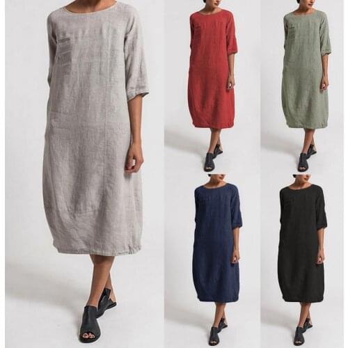 New 2020 Dress Vintage Summer Women Solid Color O Neck Half Sleeve Linen Soft Loose Midi Dress All Match Soft street wear